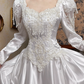White Vintage Satin Wedding Gown, Sweetheart Square Neck, Puff Long Sleeves With Lace Cuffs, Heavy Lace Beaded Appliqué Pointed Waist, A‑Line Long Train With Lace Hem, Prom Dress gh8646