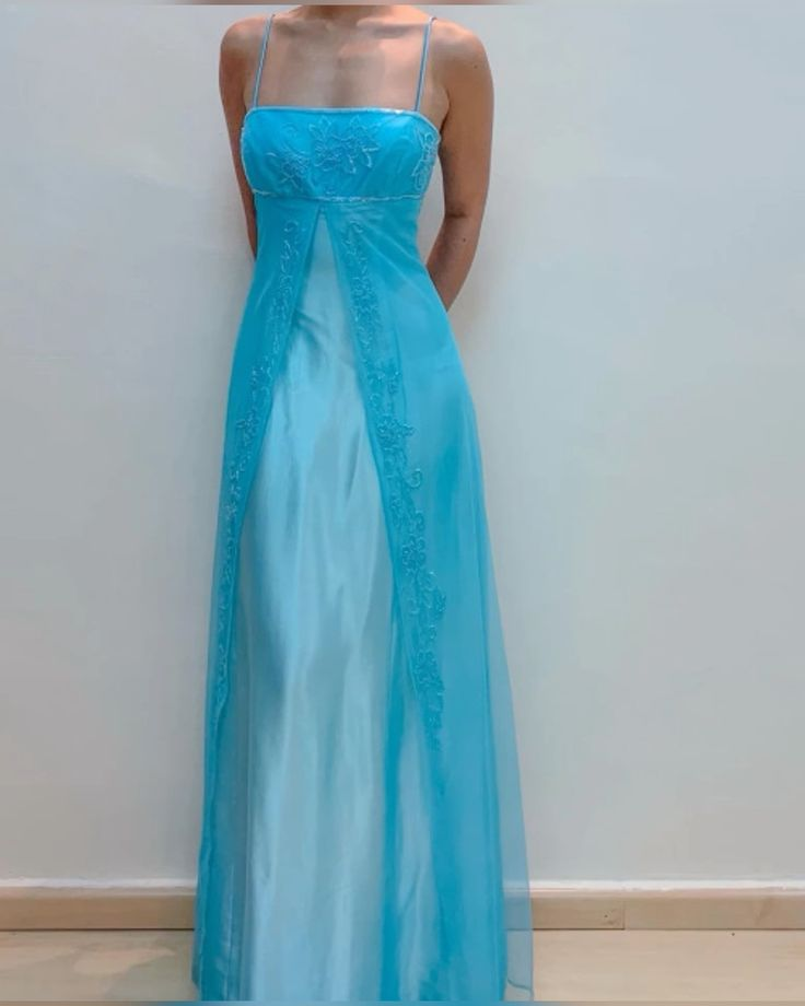 ✨Girlhomeshops-Light Ice Blue Spaghetti Strap Floral Embroidery Tulle A Line Formal Prom Gown gh10259