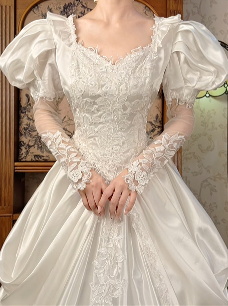 Off‑White Long Puff Sleeve Lace Fitted Waist Figure‑Flattering Full Flared Skirt Long Vintage Prom Gown, Wedding Dress gh8603