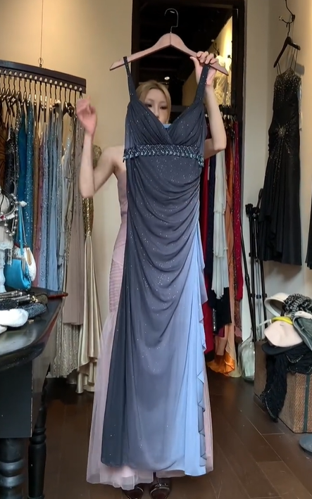 Spaghetti Strap Grey Blue Ombre Tulle Prom Dress V Neck Draped Ruched Beaded Waist Formal Evening Gown gh9813