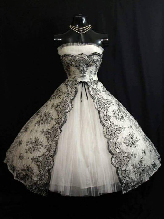 girlhomeshops - Robe de soirée mi-longue en tulle et dentelle noire et blanche, modèle gh5586