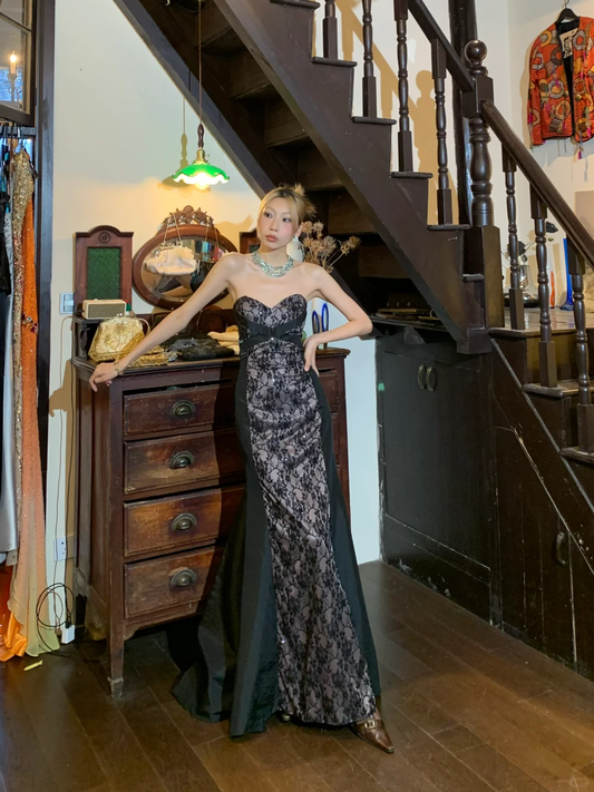 Black Lace Mermaid Long Evening Gown Strapless Sweetheart Sequin Prom Dress gh9854