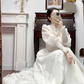 Ivory Vintage Lace High‑Neck Puff‑Lantern‑Sleeve Lace‑Appliqué Long Train Wedding Dress gh8775