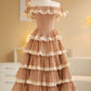 Robe de soirée mi-longue en mousseline de soie, élégante et délicate, couleur marron clair, à volants, pour soirée, mariage, anniversaire, garden-party, gh4131