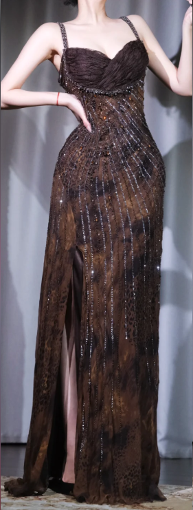 ✨Girlhomeshops-Brown Leopard Print Prom Dress Beaded Fringe High Slit Sheer Evening Gown gh9972