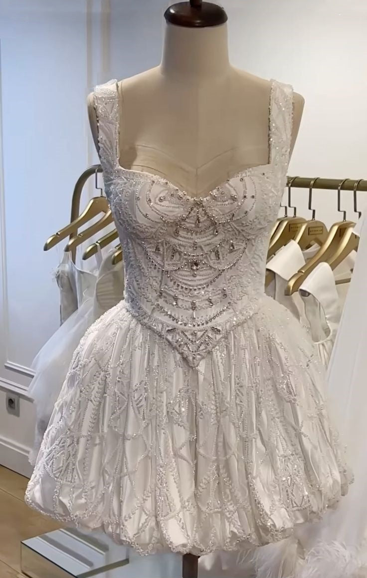Girlhomeshops - Weißes, wunderschönes, kurzes Tüll-Heimkehrkleid mit Perlenbesatz, Geburtstagspartykleid, gh5328