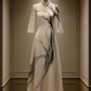 ✨Girlhomeshops-Cream Ink Print Textured Qipao Cheongsam Evening Gown gh10380