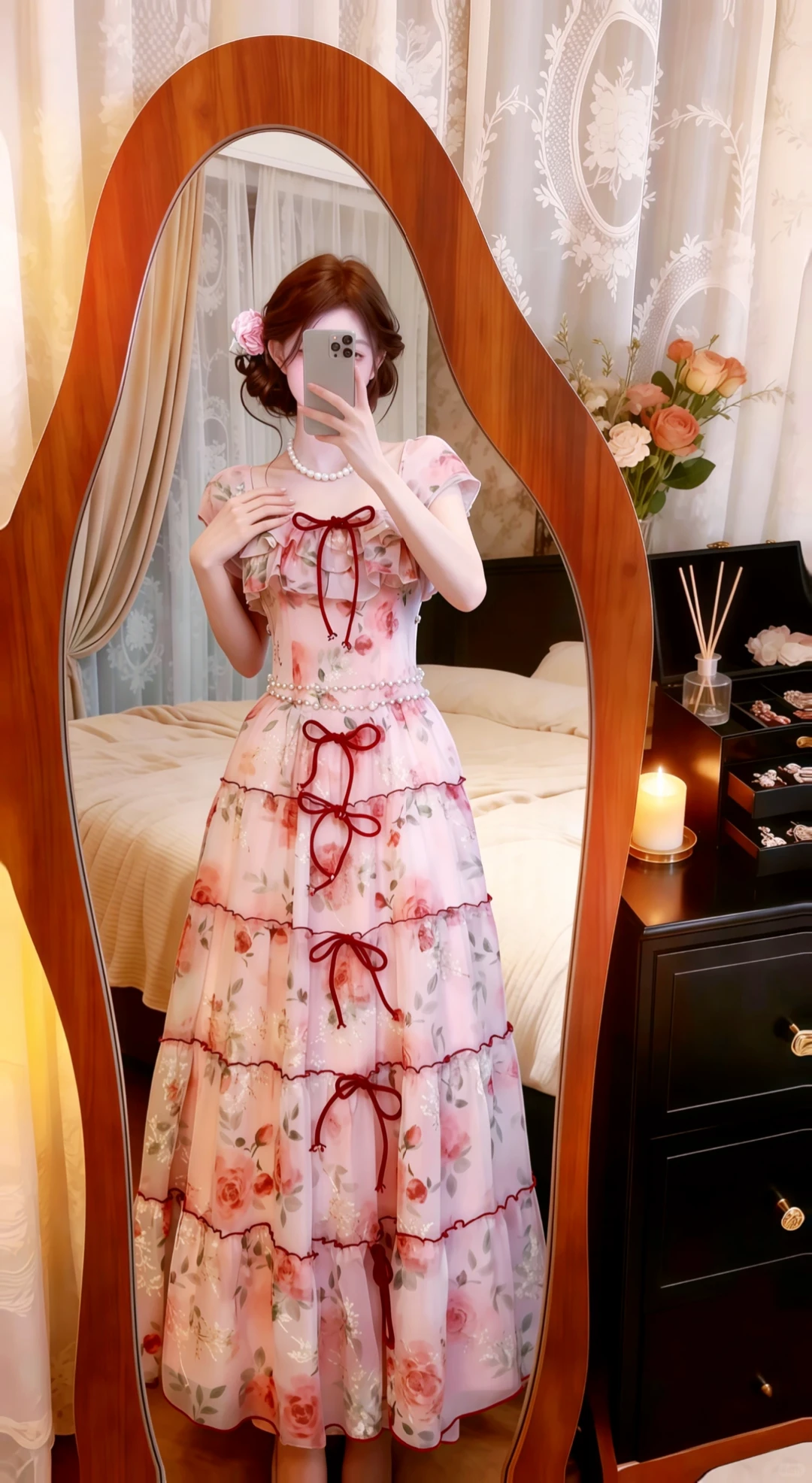 Pink Square Neck Floral Evening Gown, Ruffle Flutter Sleeve Red Bow Tiered Cake Skirt Prom Dress gh9131