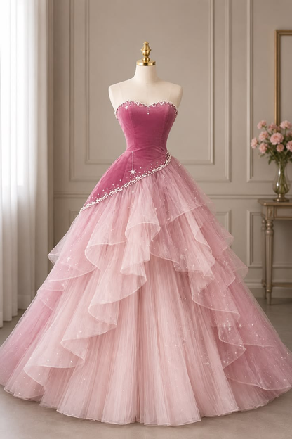 ✨Girlhomeshops-Magenta Velvet Strapless Star Beaded Ball Gown Prom Dress gh10193