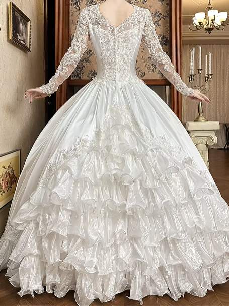 White Vintage Satin Wedding Ball Gown, V‑Neck Sheer Lace Long Sleeves, Lace Beaded Appliqué Fitted Bodice, Multi‑Layer Ruffle Cake Skirt, Prom Dress gh8658