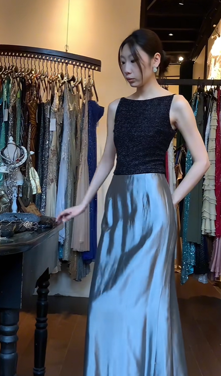 Two Tone Bateau Neck Evening Gown Black Beaded Bodice Metallic Satin Long Skirt Prom Dress gh9676