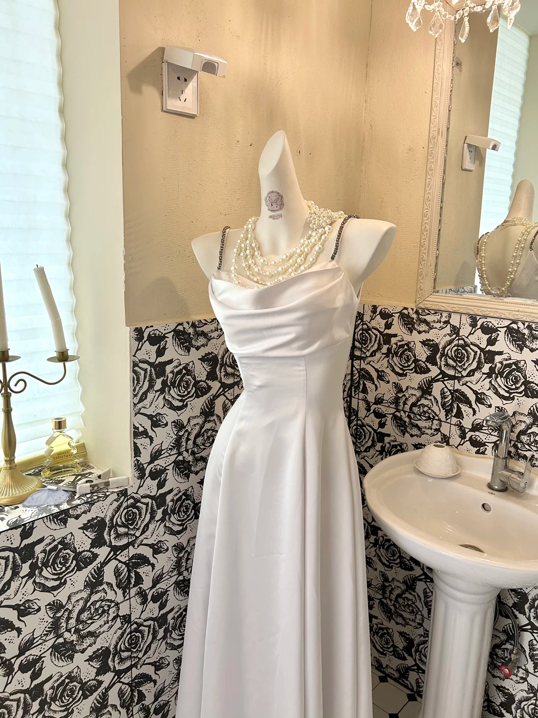 White Satin Spaghetti Straps, Waist-Cinched, Figure-Flattering Elegant Romantic Dress, Wedding Gown gh7770
