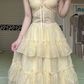 Pale Yellow V‑Neck Sleeveless Long Evening Gown, Ruffle Tulle Tiered Cake Skirt Formal Prom Dress gh9028