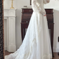 Ivory Vintage Chiffon Wedding Gown, High Neck Lace Illusion V‑Neck, Lace Puff Long Sleeves, Lace Appliqué Empire Waist, Overlay Lace Outer Skirt, Flowy Floor‑Length Full Skirt, Scalloped Lace Hem, Bridal Prom Dress gh8739