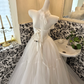 Light Grey Spaghetti Strap Waist-Cinched Full Flared Skirt Elegant Luxury Romantic Dress, Wedding Gown gh7680