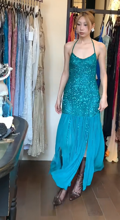 Teal Halter Sequin Fringe Prom Dress Sweetheart Neck Slit Long Formal Evening Gown gh9841