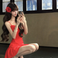 Women Vintage Red Strapless Homecoming Dress Front Button Fitted Ruffle Hem Short Party Dress gh9418