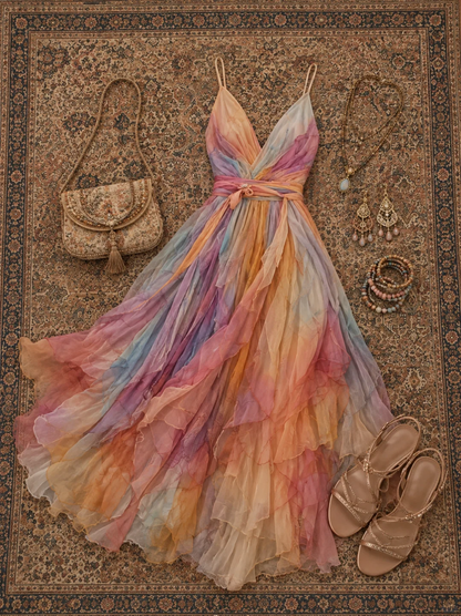 ✨Girlhomeshops-V Neck Spaghetti Strap Rainbow Ombre Chiffon Dress with Wrap Tie Waist gh10294
