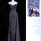 Blau Glänzend Elegante Spaghetti-trägern Exquisite Perlen Sexy Schlitz Lange Meerjungfrau Schlank Pailletten Ballkleid Abendkleid gh3359
