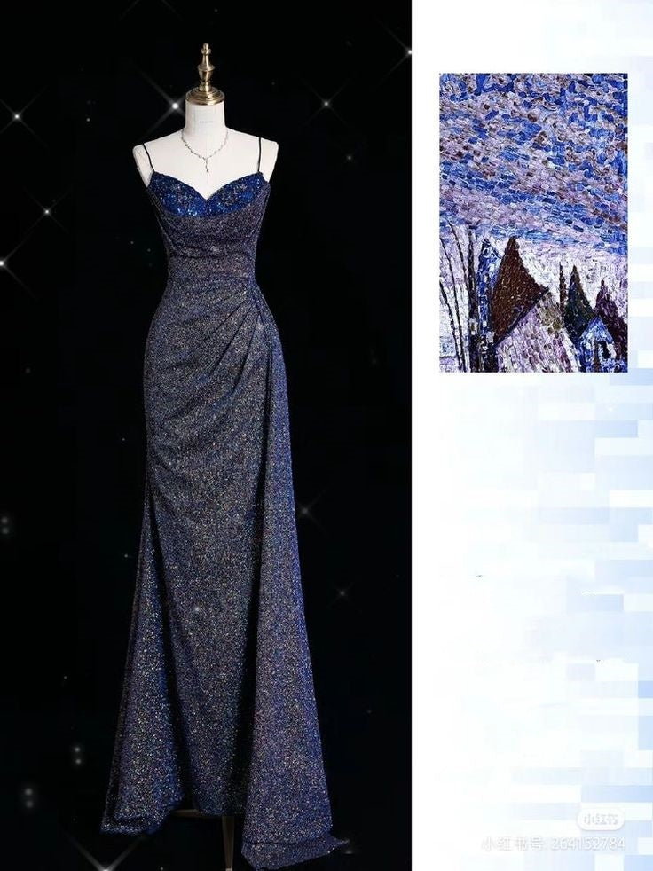 Blau Glänzend Elegante Spaghetti-trägern Exquisite Perlen Sexy Schlitz Lange Meerjungfrau Schlank Pailletten Ballkleid Abendkleid gh3359