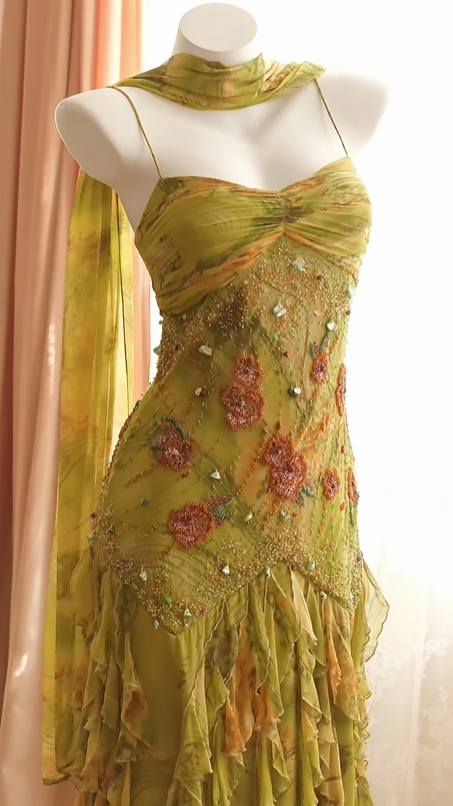 Olive Green Vintage Midi Prom Dress Spaghetti Straps Sweetheart Beaded 3D Flower Fringe Cocktail Gown with Choker Scarf gh9595
