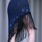 ✨Girlhomeshops-Navy Blue Spaghetti Strap V Neck Midi Party Dress Sequin Floral Embroidery Black Fringe Evening Gown gh10061