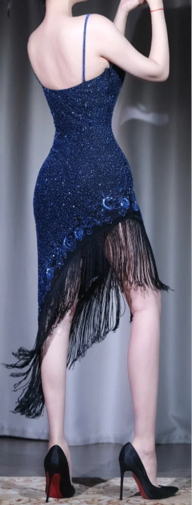 ✨Girlhomeshops-Navy Blue Spaghetti Strap V Neck Midi Party Dress Sequin Floral Embroidery Black Fringe Evening Gown gh10061