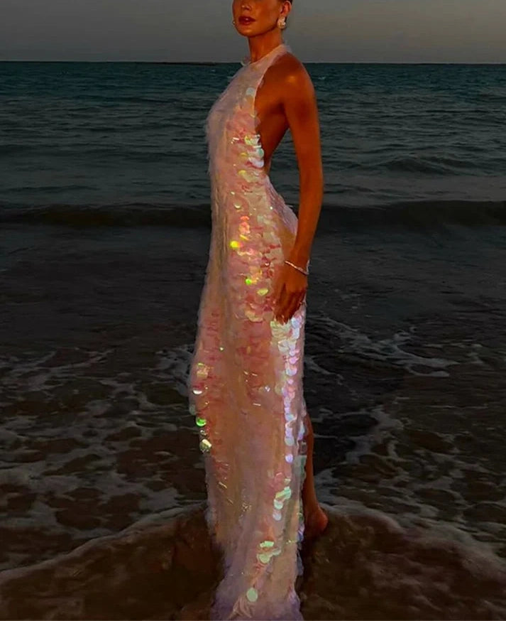 Rosa glänzendes, modisches Pailletten-Langkleid für Reisen, Urlaub/Geburtstag/Cocktailparty, gh4859