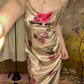 Champagne Gold Vintage Rose Floral Satin Spaghetti Strap Prom & Evening Party Dress gh8413