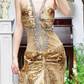 Gold‑Leopard‑Print‑Vintage Halter‑V‑Neck Silver‑Rhinestone‑Beading Chest‑Cut‑Out Ruched‑Waist Draped‑Mermaid Floor‑Length Evening Prom Gown gh8820
