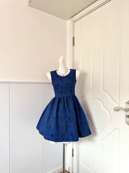 Women Royal Blue Homecoming Dress, Sleeveless Round Neck Blue Rhinestone Trim Paisley Jacquard Fabric High Waist Pleated Voluminous A‑Line Mini Party Dress gh9216