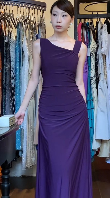 Dark Purple Asymmetric One Shoulder Evening Gown Sleeveless Ruched Flowy Long Prom Dress gh9715
