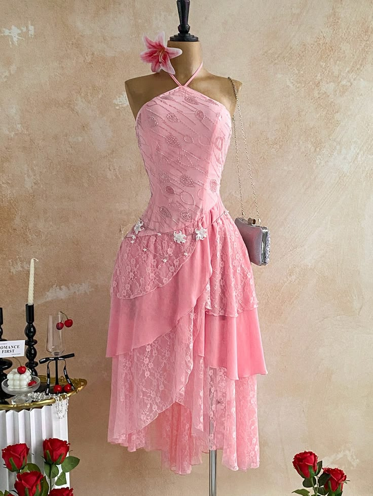 Light Pink Halter Neck Waist-Cinched Beaded Irregular Hem Evening Dress, Fairy Gown, Romantic Gown gh7447