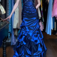 Navy Blue Vintage Prom Dress Strapless Hand Beaded Ruched Layered Ruffle Satin Long Evening Gown gh9625