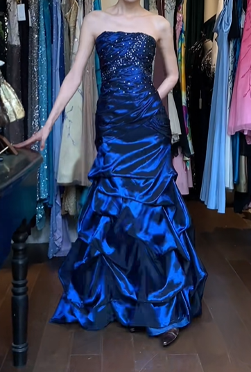 Navy Blue Vintage Prom Dress Strapless Hand Beaded Ruched Layered Ruffle Satin Long Evening Gown gh9625