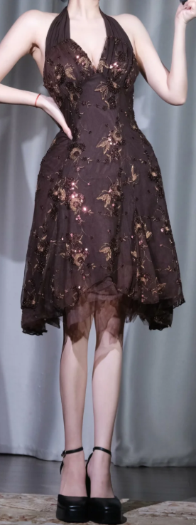 ✨Girlhomeshops-Brown Floral Beaded Halter Cocktail Dress, Short Sparkly Party Gown gh9916