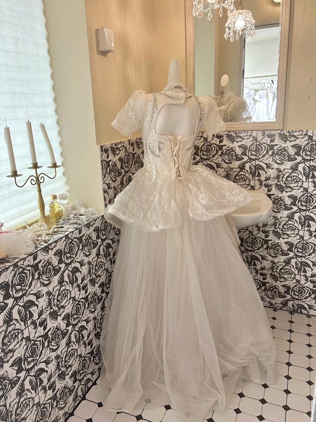 Ivory Puff Sleeve Cinched Waist Sequined Voluminous Skirt Long Romantic Dress, Wedding Gown gh7809
