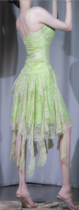 ✨Girlhomeshops-Spaghetti Strap Light Green Irregular Ruffle Lace Short Prom Dress gh10000