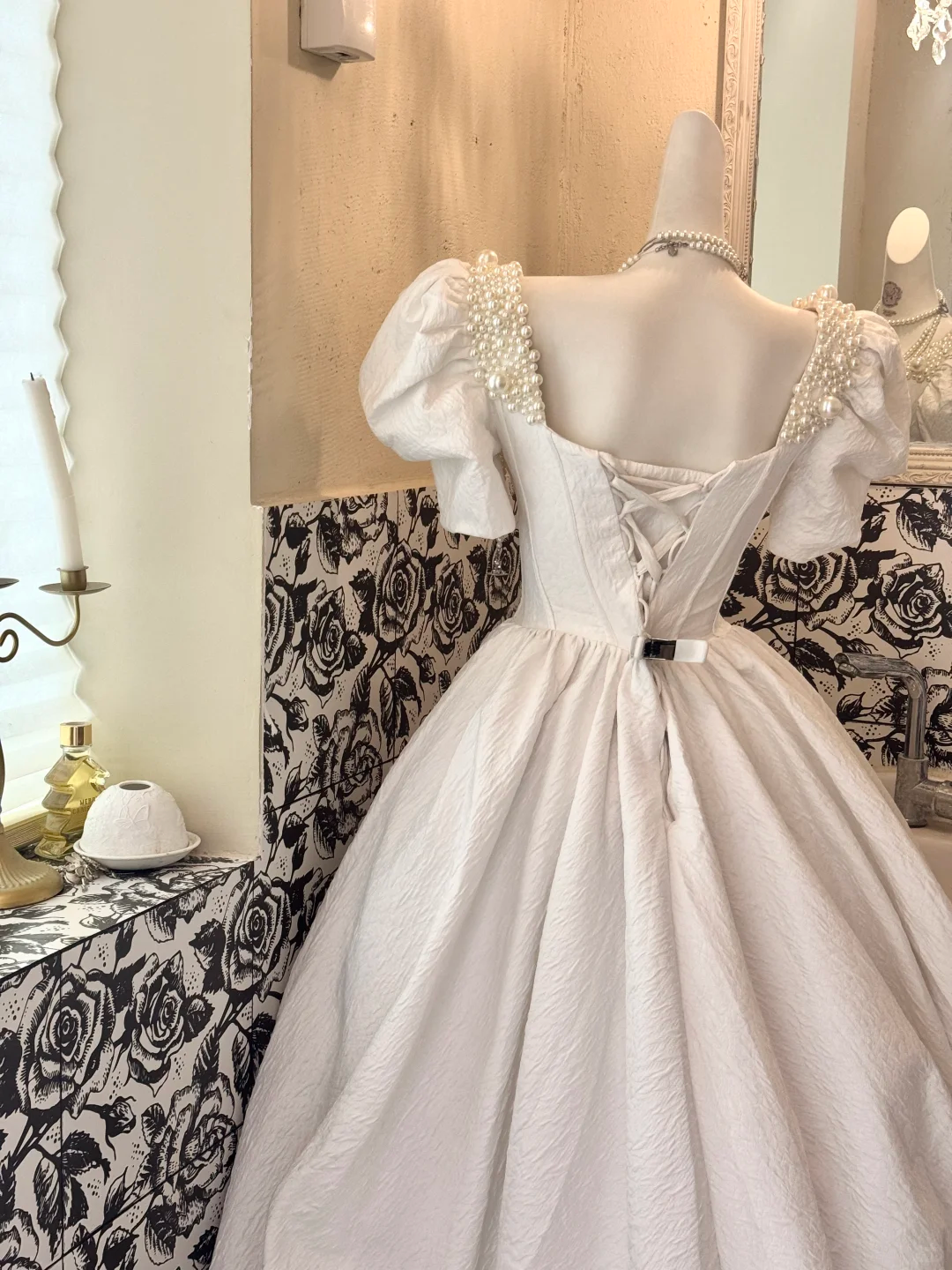 White Puff Sleeve Beaded Waist-Cinched Full Flared Long Vintage Romantic Dress, Wedding Gown gh7517