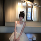 Women Sweet White Wide Strap Square Neck Homecoming Dress Satin Bodice Fluffy Cloud Tulle Short Party Dress gh9416