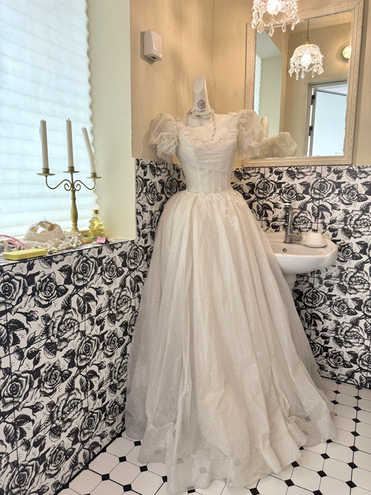 Ivory Puff Sleeve Square Neck Waist-Cinched Full Flared Skirt Elegant Classic Romantic Dress, Wedding Gown gh7746
