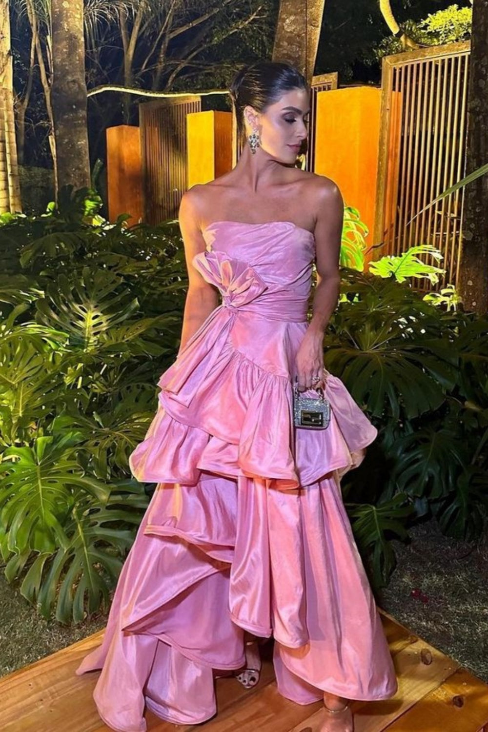 Rosa Tube Top Mode Elegante Layered Lange Satin Ballkleid Abendkleid Partykleid gh3110
