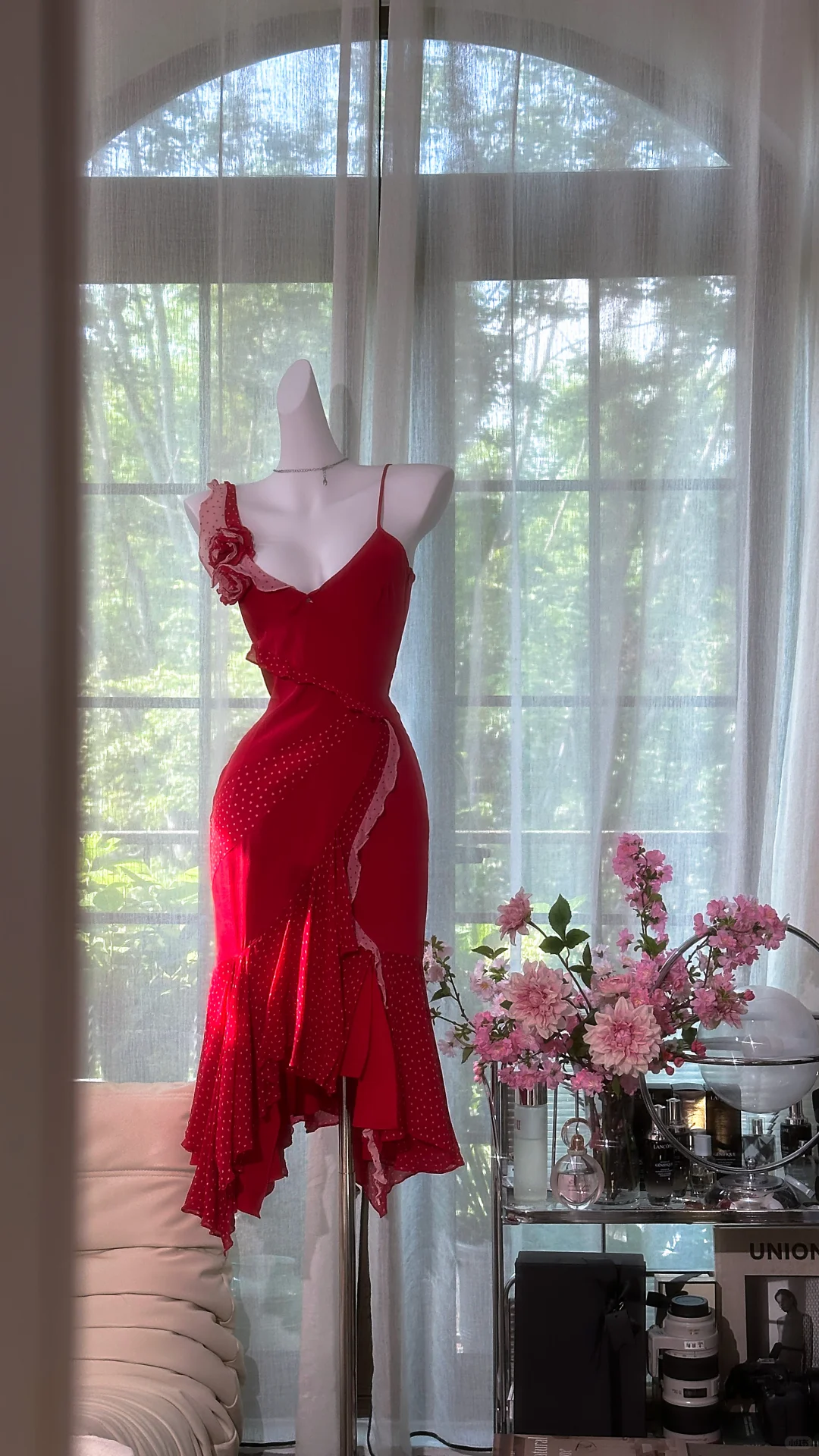 Red V-Neck Asymmetrical One Shoulder 3D Floral Polka Dot Ruffle Midi Mermaid Evening Gown gh9526