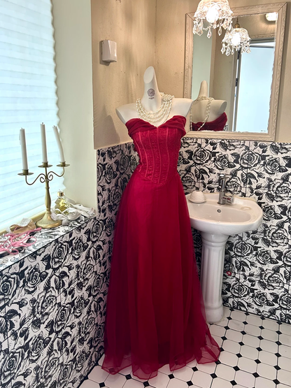 Red Strapless Waist-Cinched Boned Slimming Sexy Long Romantic Dress, Wedding Gown gh7767