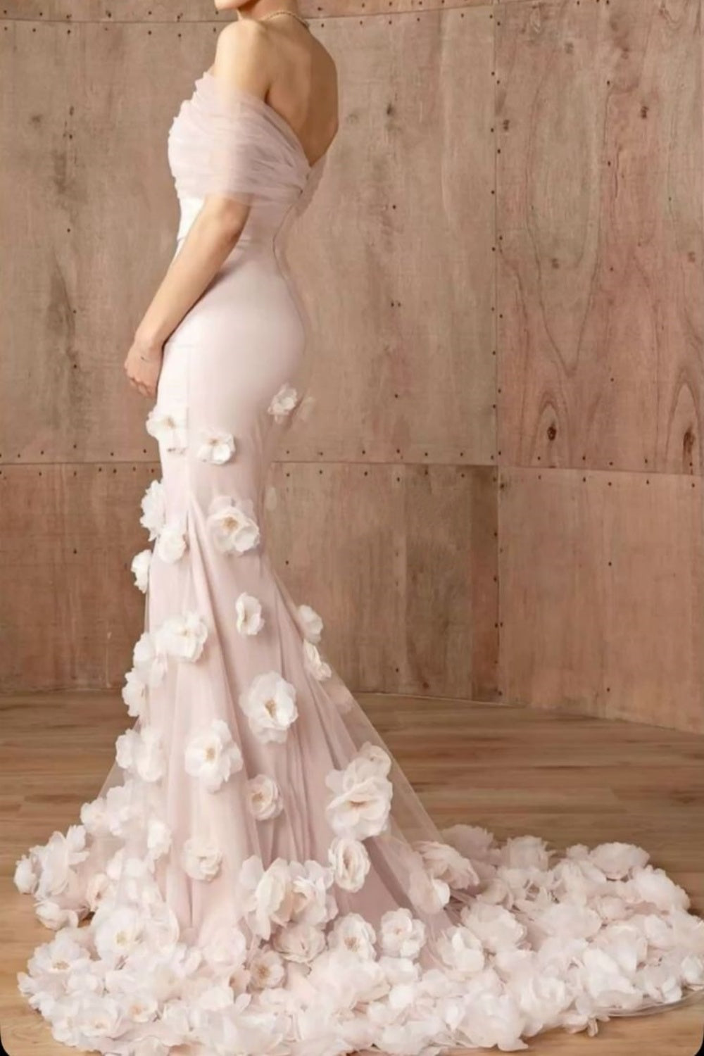 girlhomeshops-Pink Elegant Floral Long Tulle Mermaid Bodycon Ball Gown Wedding Dress gh5952