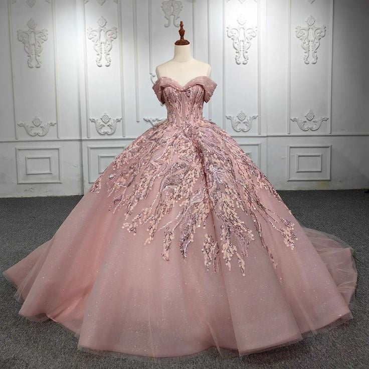 Robe de soirée longue en tulle rose magnifique et brillante avec broderie exquise et appliques gh3163