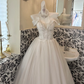 Ivory Off-the-Shoulder Waist-Cinched Voluminous Princess Full Skirt Long Romantic Dress, Wedding Gown gh7689