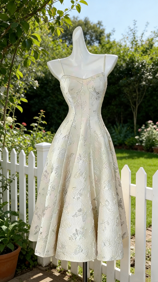 Robe champagne jacquard à fines bretelles spaghetti et taille cintrée - Robe élégante pour soirées légères gh6959