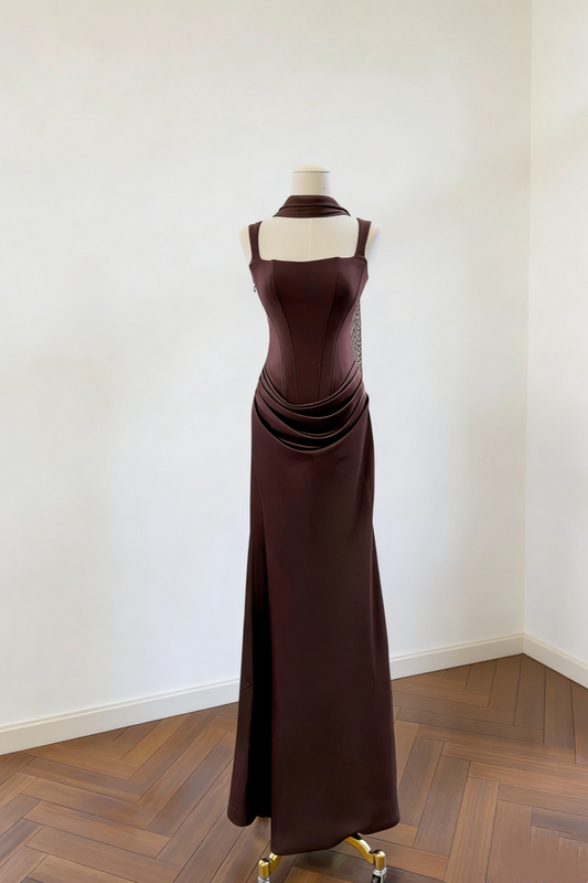 Robe sirène en satin café foncé à lacets - Robe de cocktail style mondain vintage gh6963