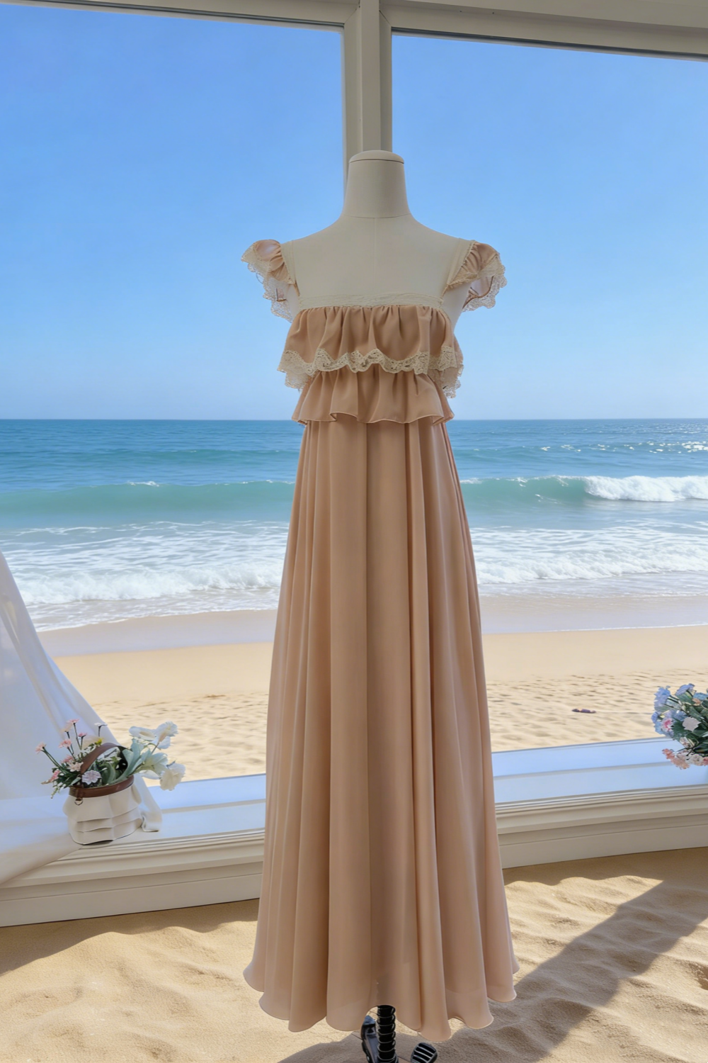 Zartrosa Chiffon-Kleid mit Rüschen und flatternden Ärmeln – Vintage-Maxikleid mit rückenfreiem Schnitt, elegant und verträumt (gh6962)